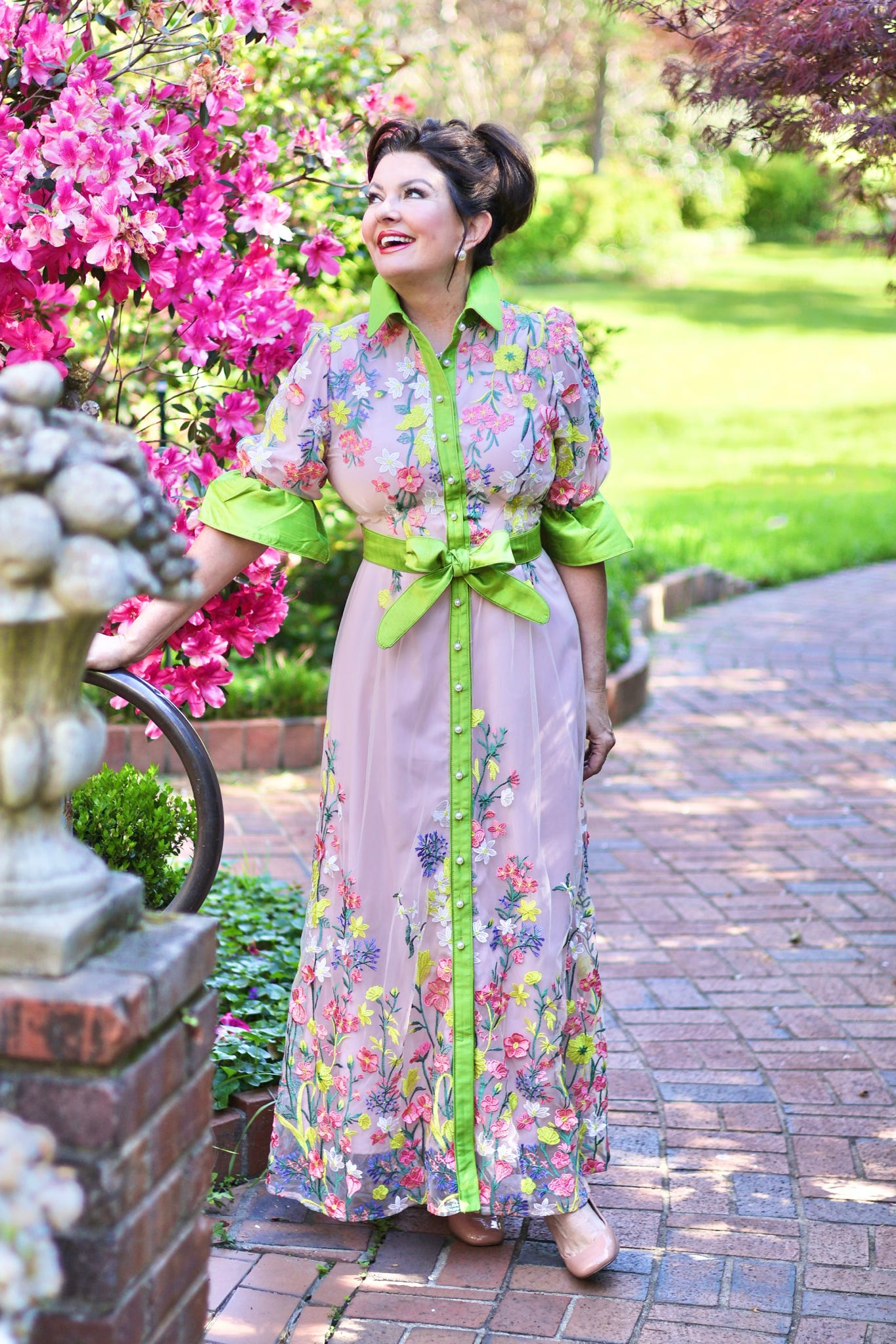 Carol Dress in Garden Floral Sheer Appliqu Maxi with Green Piping & Pearl Buttons S Carol Dress in Garden Floral Sheer Appliqu Maxi with Green Piping & Pearl Buttons S