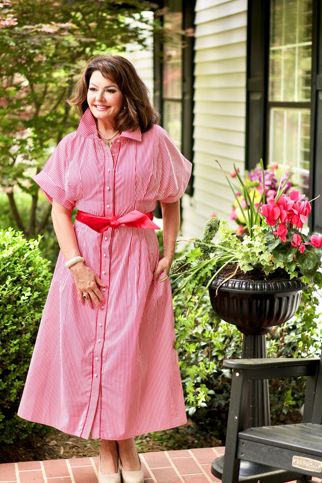 Kim Red Stripe Shirt Dress Lightweight Button-Front Midi with Pockets Kim Lolley Designs Kim Red Stripe Shirt Dress Lightweight Button-Front Midi with Pockets Kim Lolley Designs