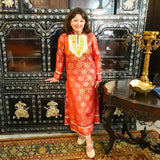 CAREN DRESS IN RED BROCADE
