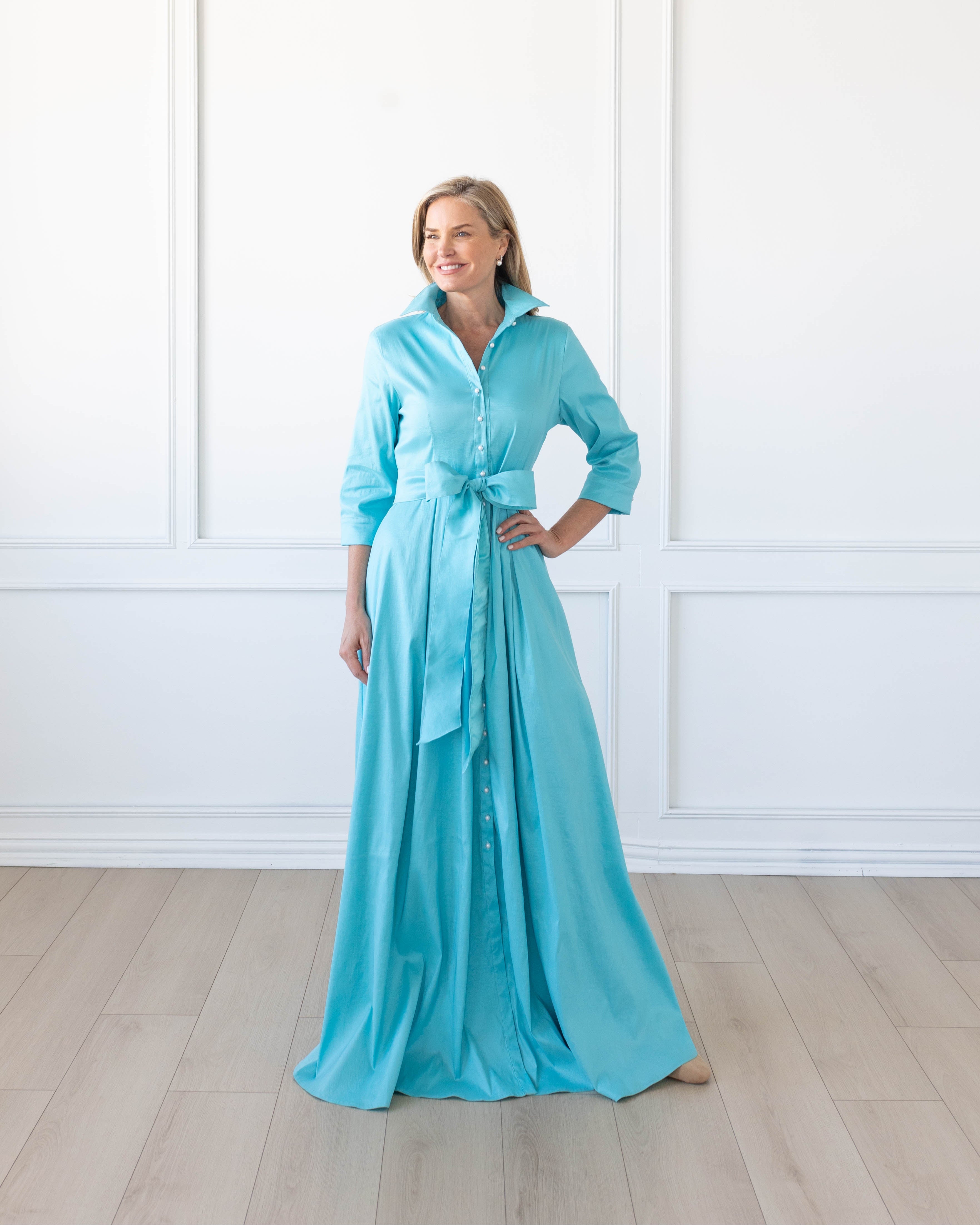 Gloria Dress Tiffany Blue A-Line Mother of the Bride Dress with Pearl Buttons L Gloria Dress Tiffany Blue A-Line Mother of the Bride Dress with Pearl Buttons L