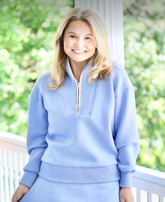 CAREN LONG SLEEVE HALF ZIP SWEATER IN BLUE – Kim Lolley Designs