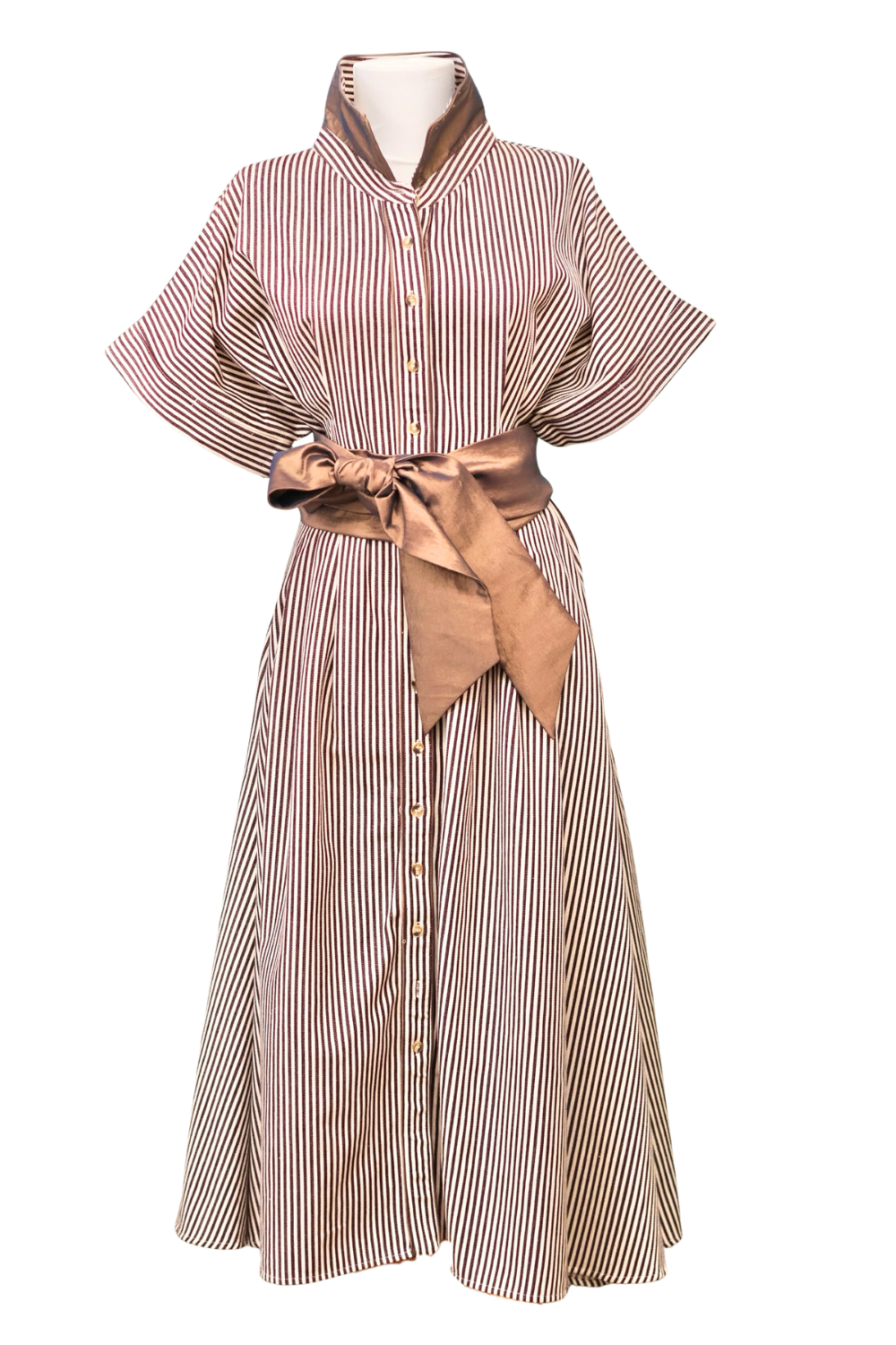 Kim Dress in Brown Stripe – Button-Front Winter Midi with Pockets XXL